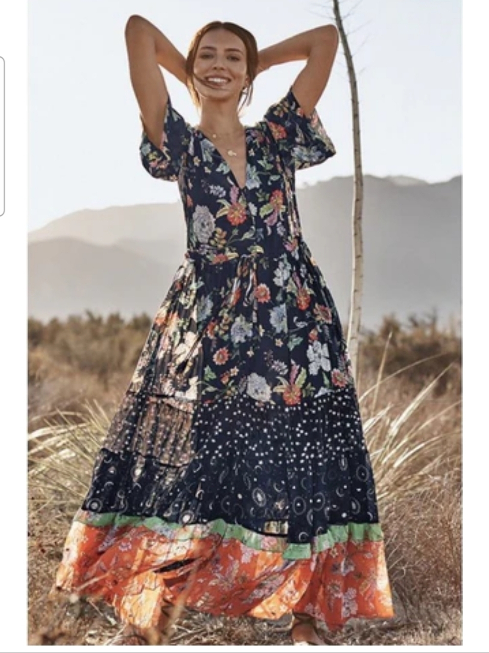 Johnny Was Narciso Navy Floral Tiered Maxi Dress with Multicolor Border Size M